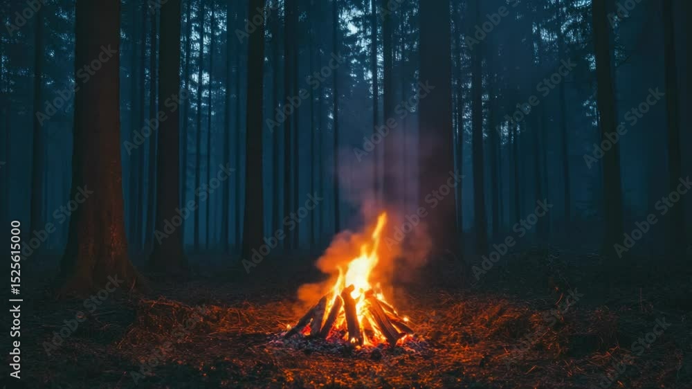 Poster a campfire surrounded by trees in a dense forest