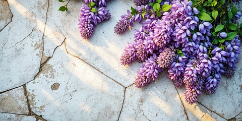Wisteria Flat Lay on Stone, Morning Light, Soft Hues