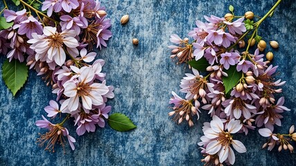 Wisteria Floral Flat Lay on Denim, Dawn Light