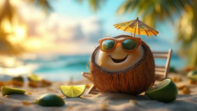 Funny cartoon coconut with sunglasses relaxing on tropical beach at sunset motion backdrop