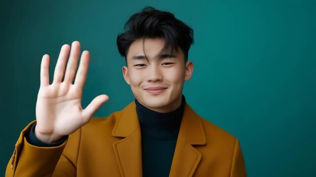 Smiling East Asian man waving hand in friendly gesture against teal background with copy space on the left for welcome intros, online video calls, or tutorial content