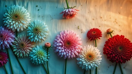 Zinnia Flat Lay on Linen - Cool Hues & Candlelight Glow