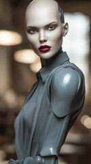 This close-up portrait showcases a female-like robot with realistic skin on her face and head, created by ai