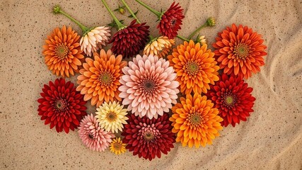 Zinnia Flat Lay on Sandy Background - Twilight Hues