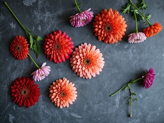 Zinnia Flat Lay on Slate, Cool Hues, Morning Light