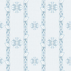 Seamless pattern, wallpaper with hand embroidered white vintage napkin ornament in art nouveau style. Watercolor hand drawn illustration on a light blue watercolor background