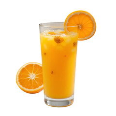 Fresh orange juice in a glass with ice and orange slices  