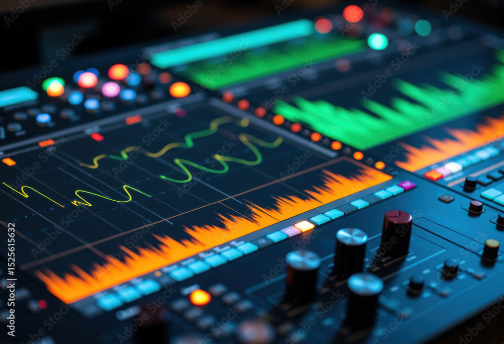 Aufkleber digital audio mixer with colorful waveforms and controls for music production