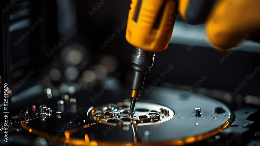 Poster a person uses a screwdriver to work on a hard drive