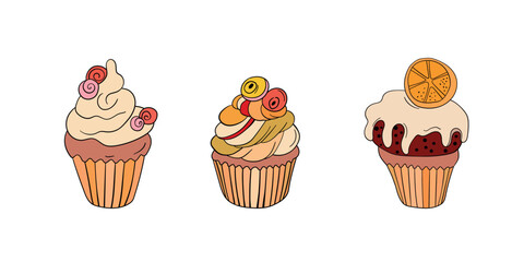 Muffin cake, sweet cupcake with cream, delicious pastries. Modern vector illustration, logo for cafe, restaurant, pastry shop. Dessert icon. Symbol for a candy bar.