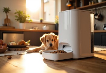 Naklejka na ściany i meble A cute puppy lying on the floor next to an automatic pet feeder in a cozy kitchen setting