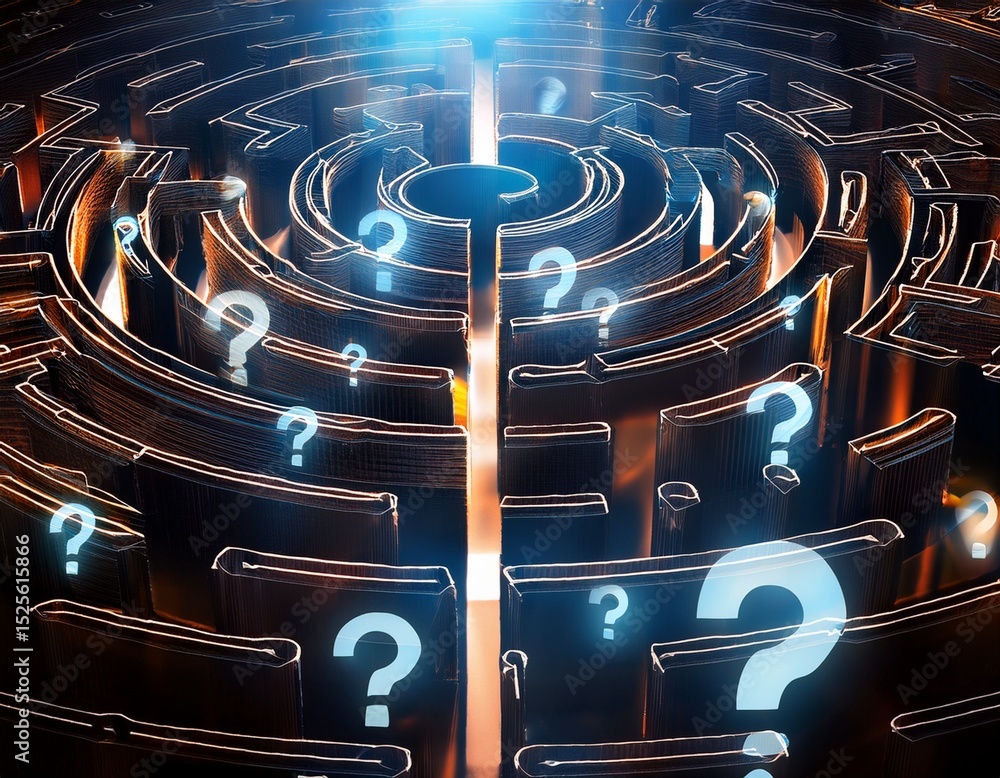 Poster a dark labyrinth of question marks with glowing lines guiding the way