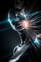 This close-up portrait showcases a female-like robot with realistic skin on her face and head, created by ai