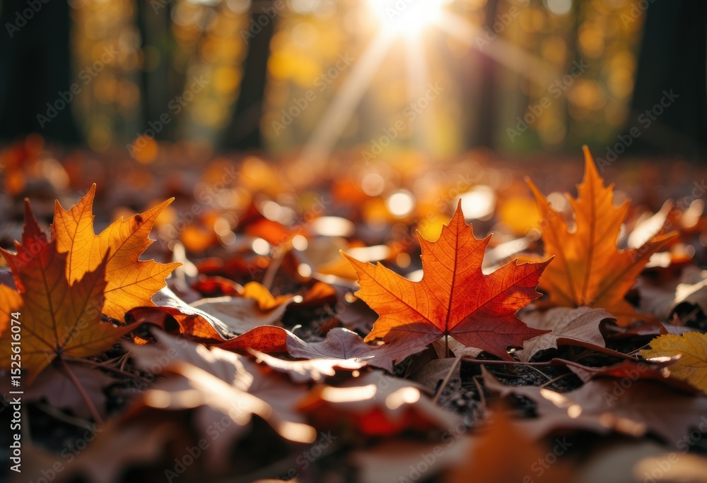 Poster autumn leaves on the forest floor with sunlight filtering through trees in the background