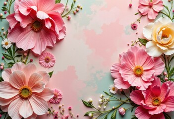Fototapeta premium Beautiful pink and white flowers with green leaves and a pastel background, perfect for floral or spring-themed designs