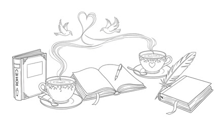 Delicate line art illustrations of cozy reading magic. Hand-drawn open books (vintage sepia pages), steaming teacups (translucent porcelain white), quill pens (raven black)