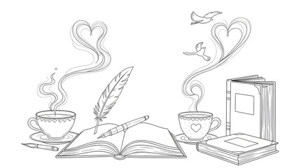 Delicate line art illustrations of cozy reading magic. Hand-drawn open books (vintage sepia pages), steaming teacups (translucent porcelain white), quill pens (raven black)