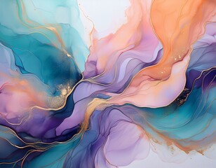 Naklejka premium abstract fluid art with ethereal ink wash in pastel purple teal and orange hues with metallic gold accents and smooth textures