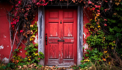A Weathered Red Wooden Door Framed by Autumn Vines on a Rustic House Wall