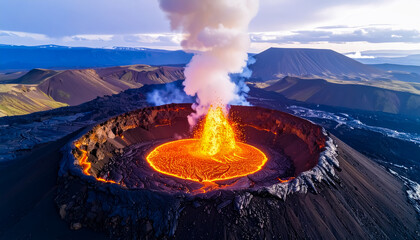 Majestic Volcanic Eruption Under Twilight Sky with Glowing Lava and Surrounding Hills