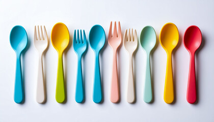 Colorful Plastic Spoons and Forks Arranged Neatly on a White Background for Modern Tableware