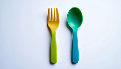 Minimalist Colorful Fork and Spoon Set on White Surface in Bright Daylight