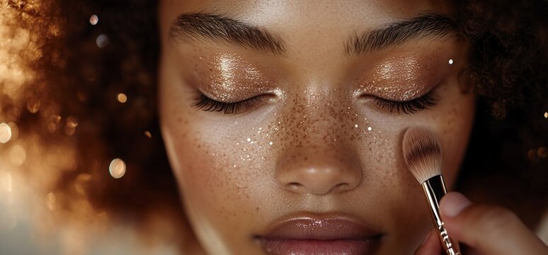 Close-up of woman's face with glitter makeup and makeup brush application