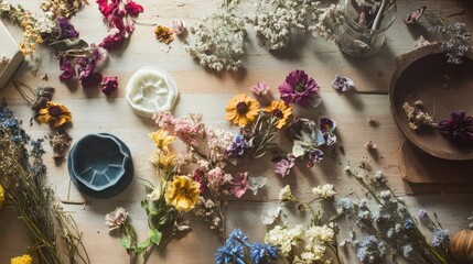 Dried Flowers Crafts Arrangement on Wooden Table