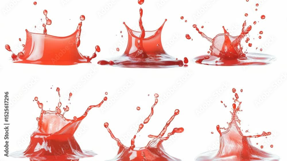 Poster A series of splashes from a red liquid, great for demonstrating fluid dynamics or abstract visuals