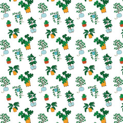 Playful Potted Plants in Garden Pattern  on White Background