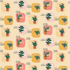 Charming Garden Words and Potted Plant seamless pattern
