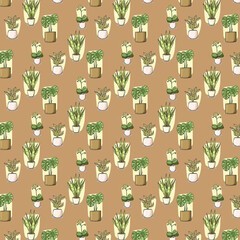 Earthy Indoor Plant Pattern on Brown Background