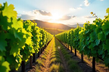 Rows of lush, green grapevines stretching across a sun-drenched hillside, ready for harvest The perfect image for wine country, vineyard, winemaking, and autumn themes , winemaking, rose wine
