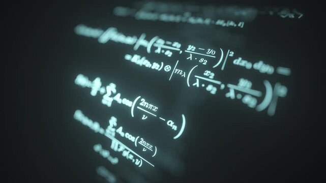 Close-up of mathematical formulas on a black background. 3D rendering animation.	