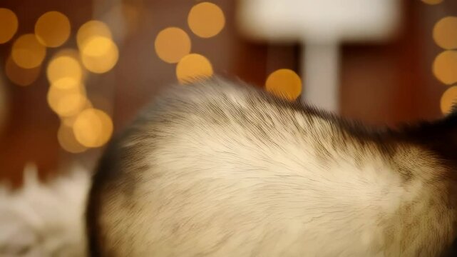 Close-up portrait of a domesticated ferret looking at the camera with soft golden bokeh lights in the background