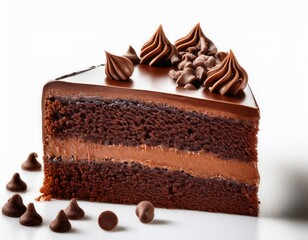 decadent chocolate cake slice with rich frosting and chocolate chips on a white background