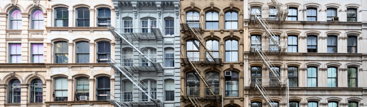 Windows of the historic buildings on Broadway in the SoHo neighborhood of Manhattan in New York City