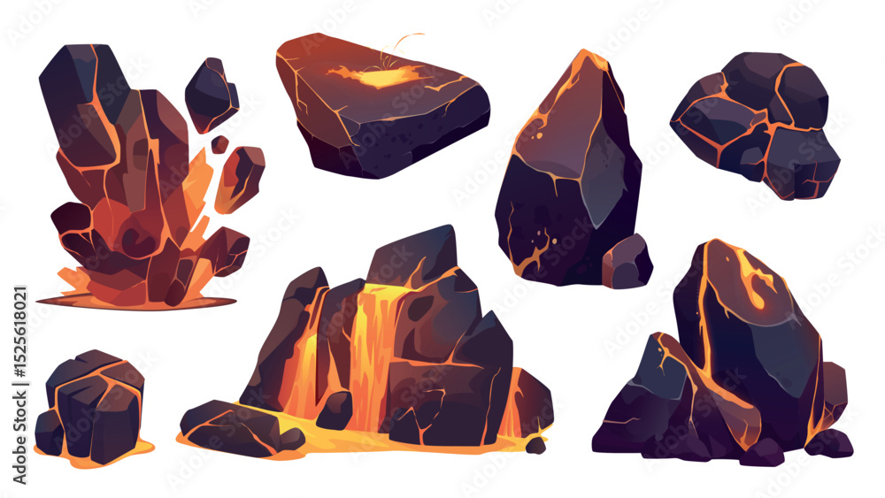 Aufkleber volcanic rocks with lava set in flat cartoon design. collection isolated elements of black mountain 