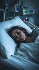 Woman resting peacefully in a hospital bed, surrounded by medical equipment and soft lighting, conveying a sense of calm and recovery in a healthcare environment