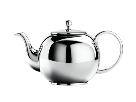 A shiny silver teapot with a curved spout and a round handle on a black background in a studio shot