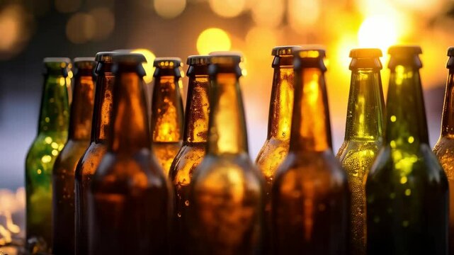 Row of assorted chilled beer bottles on crushed ice against bokeh lights ready for a refreshing drink at celebration