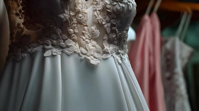 Close-up of a white wedding dress featuring a floral lace bodice hanging in a room with other dresses displayed on wooden hangers