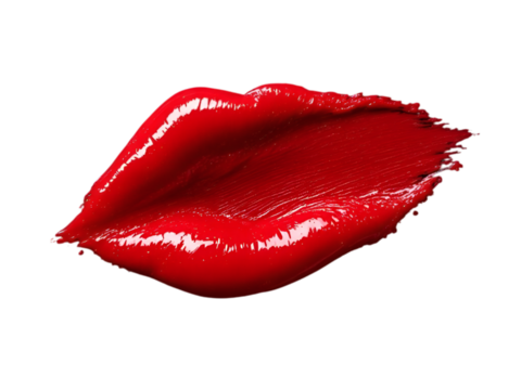 A close up of red glossy lipstick smeared in the shape of lips against a black background space