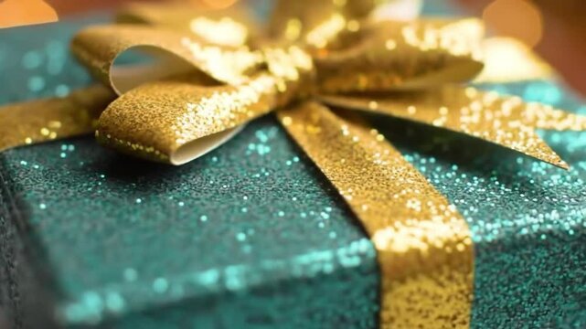 Close up of a teal glittery gift box with a gold ribbon and bow on top, with blurred lights behind it