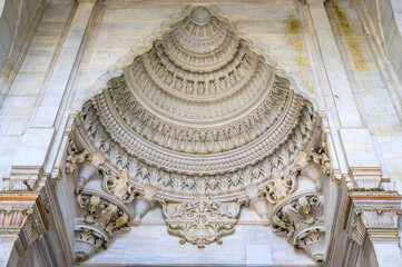 Ornate stone carving of a muqarnas vault, Nuruosmaniye mosque, Istanbul, Turkey