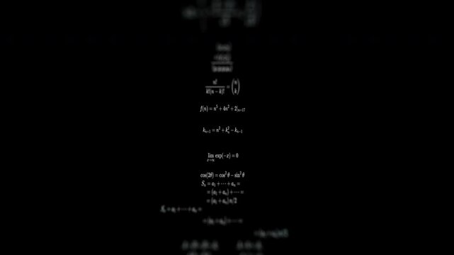 Close-up of mathematical formulas on a black background. 3D rendering animation.	