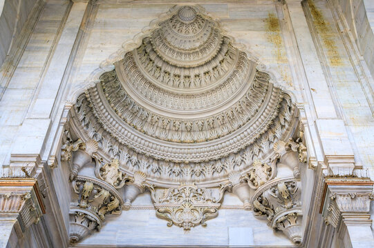 Ornate stone carving of a muqarnas vault, Nuruosmaniye mosque, Istanbul, Turkey
