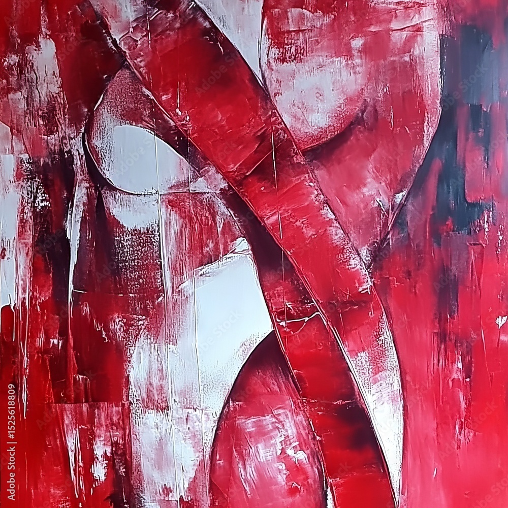 Poster abstract artwork featuring bold red and white brush strokes, creating dynamic shapes and textures, e