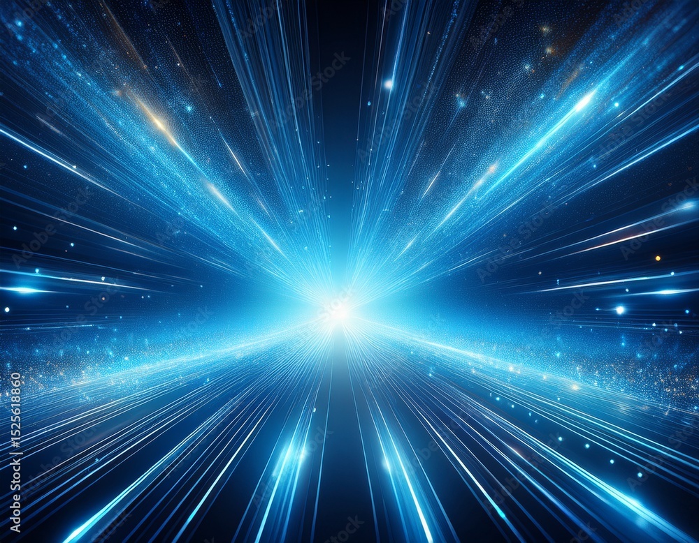 Poster vibrant abstract blue light burst with sparkling particles radiating from a central source