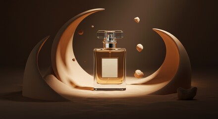 Sophisticated perfume bottle presentation with curved elements and ambient lighting
